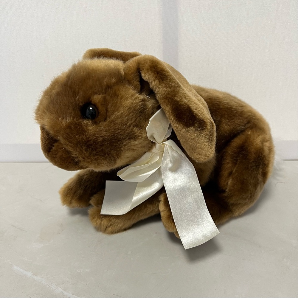 Kids of America Corp Brown Plush Bunny with White Ribbon Weighted 13”